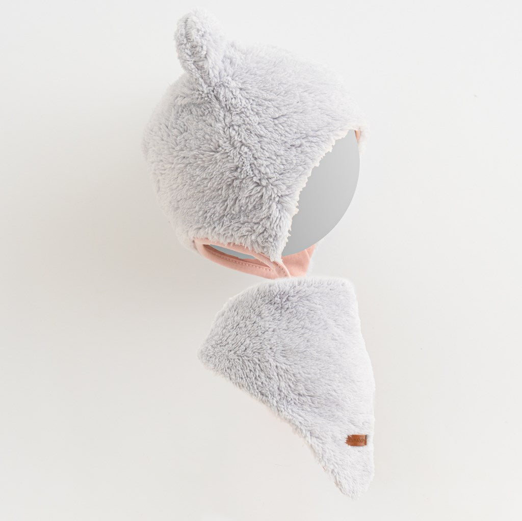 Téli baba sapka és nyakba való kendő New Baby Teddy bear szürke rózsaszín
